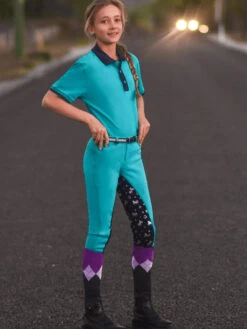 Jodhpurs Peter Williams Pull On Unicorn Printed Turquoise & Navy Childs -Equestrian equipment Peter Williams Pull On Unicorn Printed Jodhpurs Turquoise Navy Childs 11