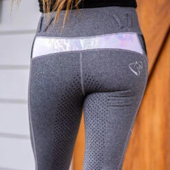 Youth Performance Tights In Grey With Unicorn Design -Equestrian equipment bare youth performance tights grey unicorn trailrace equestrian outfitters 2